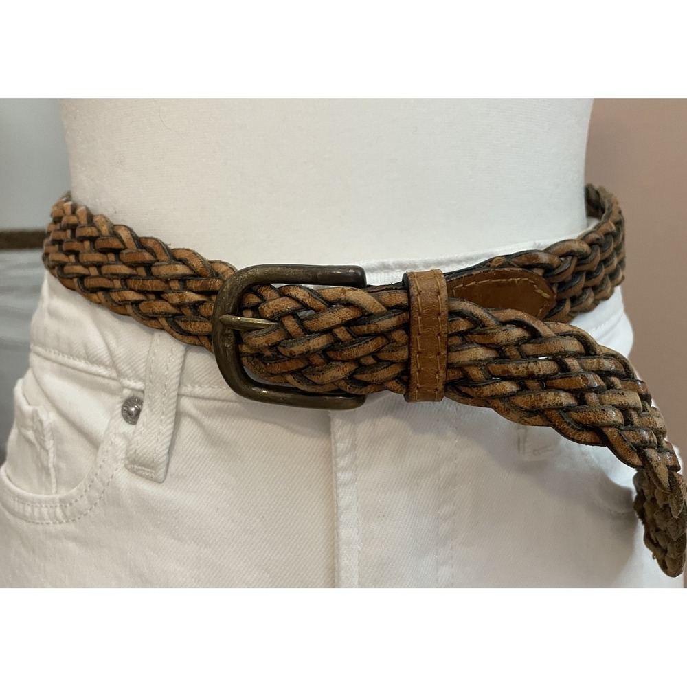 Charter Club Braided Leather Belt Brown Woven Brass Buckle Adjustable